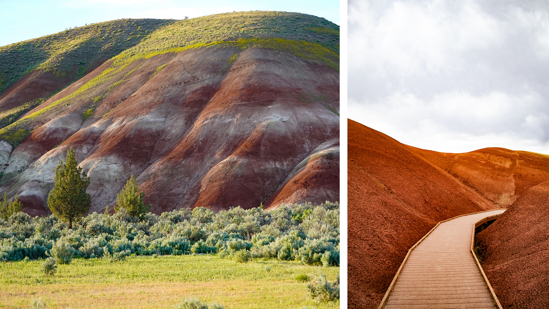 Painted Hills at the John Day Fossil Beds, and a wooden walkway through red dirt.